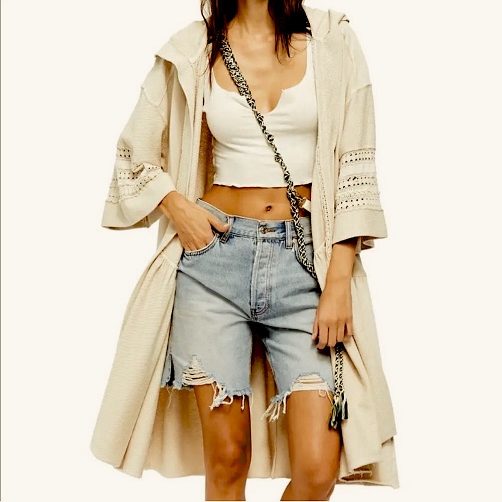 NWOT Free People Haley Duster Tan Cream Long Open Front Cardigan Hooded Size XL